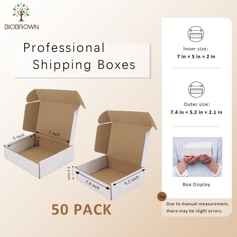 BIOBROWN 7x5x2"" 50 Pack Corrugated Cardboard Boxes Small Shipping Box for Packaging Small Business Mailer Mailing White - Image 2